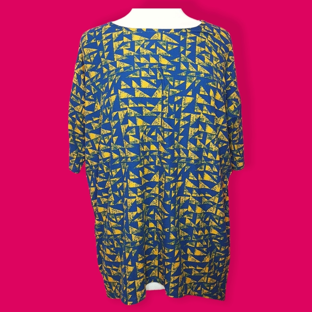 LuLaRoe blue and yellow patterned blouse
